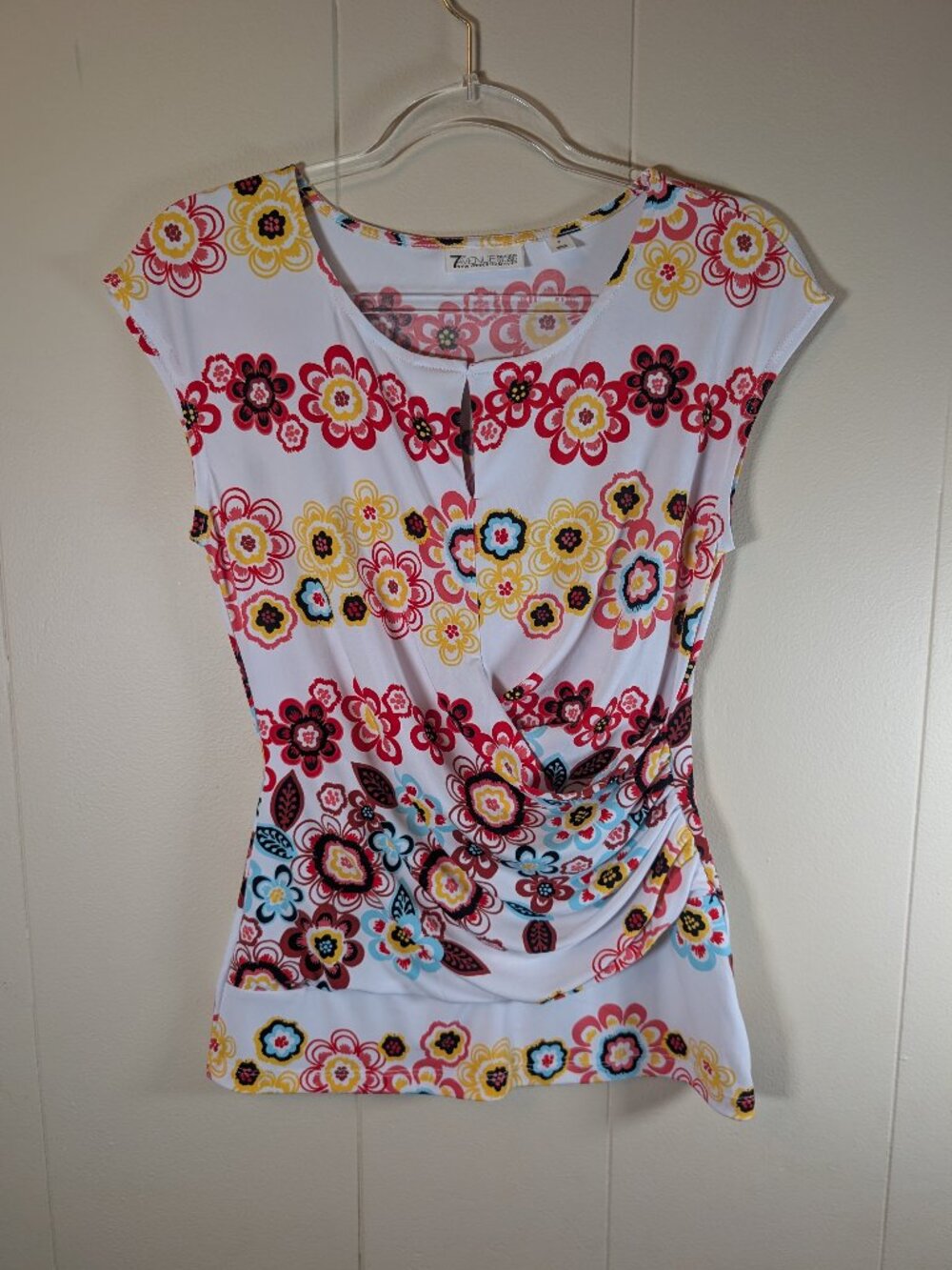 FLORAL Ruched Drape Front Blouse S 7th Avenue Design Studio Y2K Stretch Top